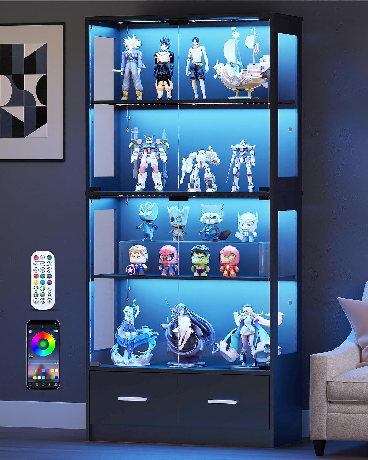 Pop Display Shelf - 67-Zoll-Vitrine mit Glastüren, 2 Schubladen, schwarzen